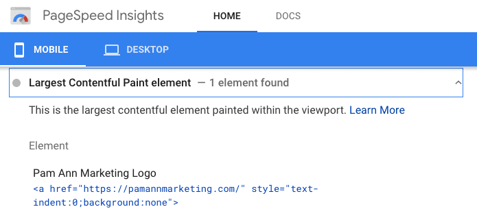 Google PageSpeed Insights showing the Largest Contentful Paint element.